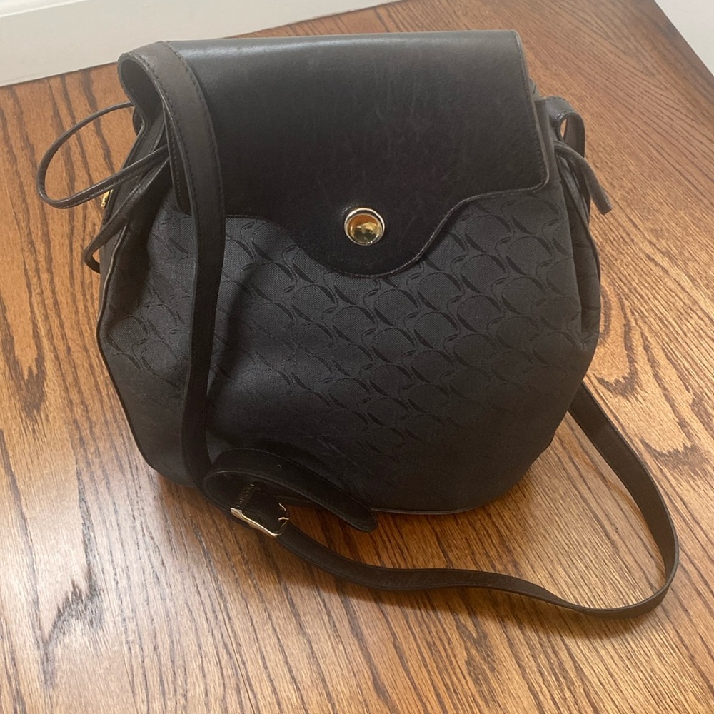 Vintage Movado Black Leather Bucket Logo Bag